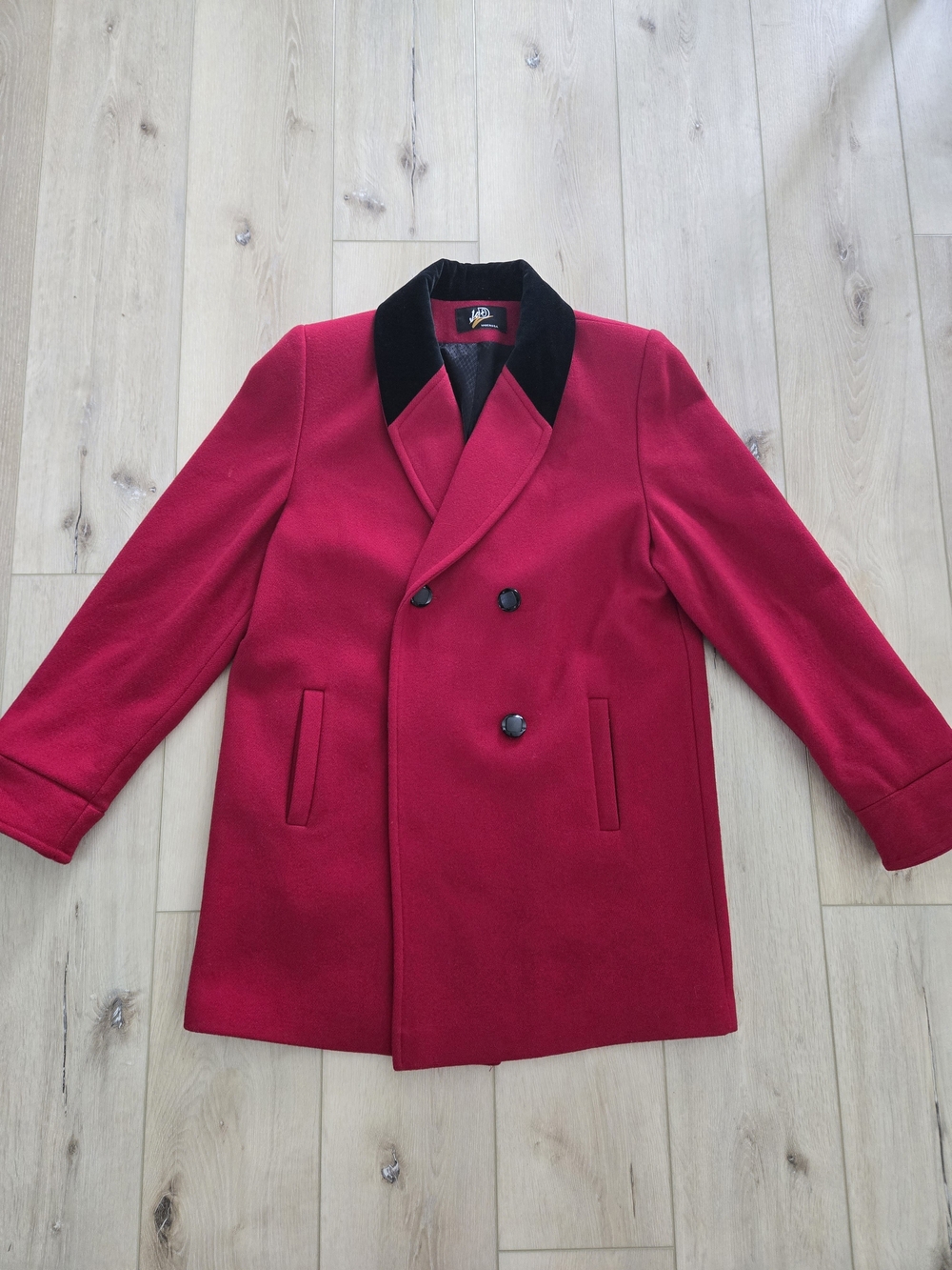 JAD VTG Women's 100% Wool Long Red Pea Coat Velvet Collar Dbl Breasted Women's L
